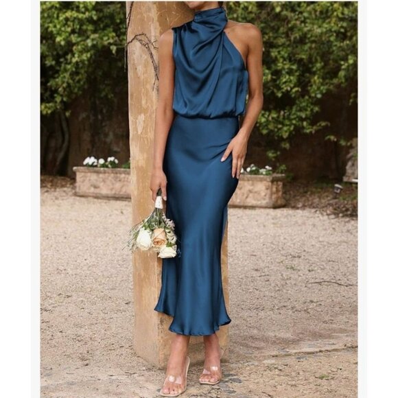 Elegant Womens Navy Satin Halter Neck Midi Dress Keyhole Pearl Size S Wedding - Picture 3 of 12